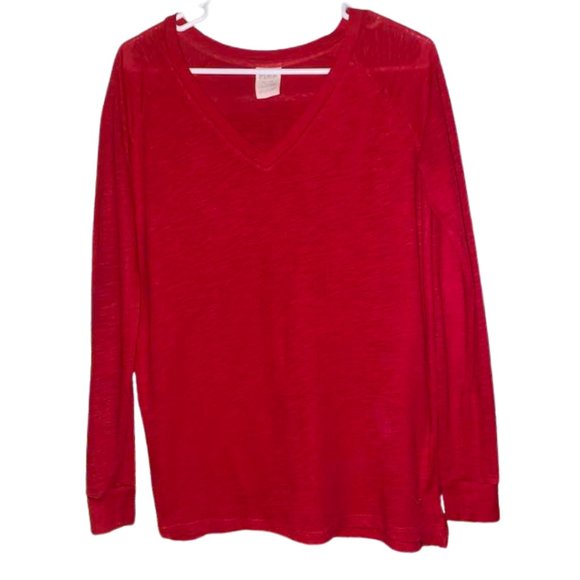 PINK Victoria's Secret Red Long Sleeve V-Neck Tee Logo Shirt - Size XS - Picture 2 of 7